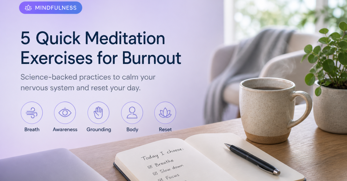 This is an image that showcases a blog post about meditation for burnout